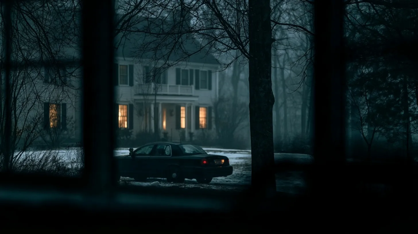 A house in the snow at night, seen through trees