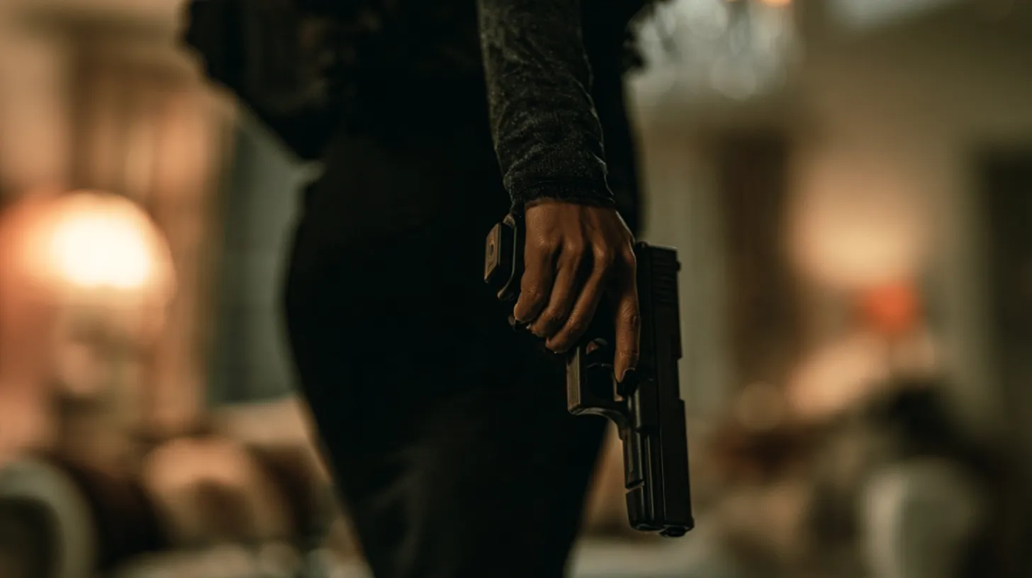 A figure holding a handgun in a living room